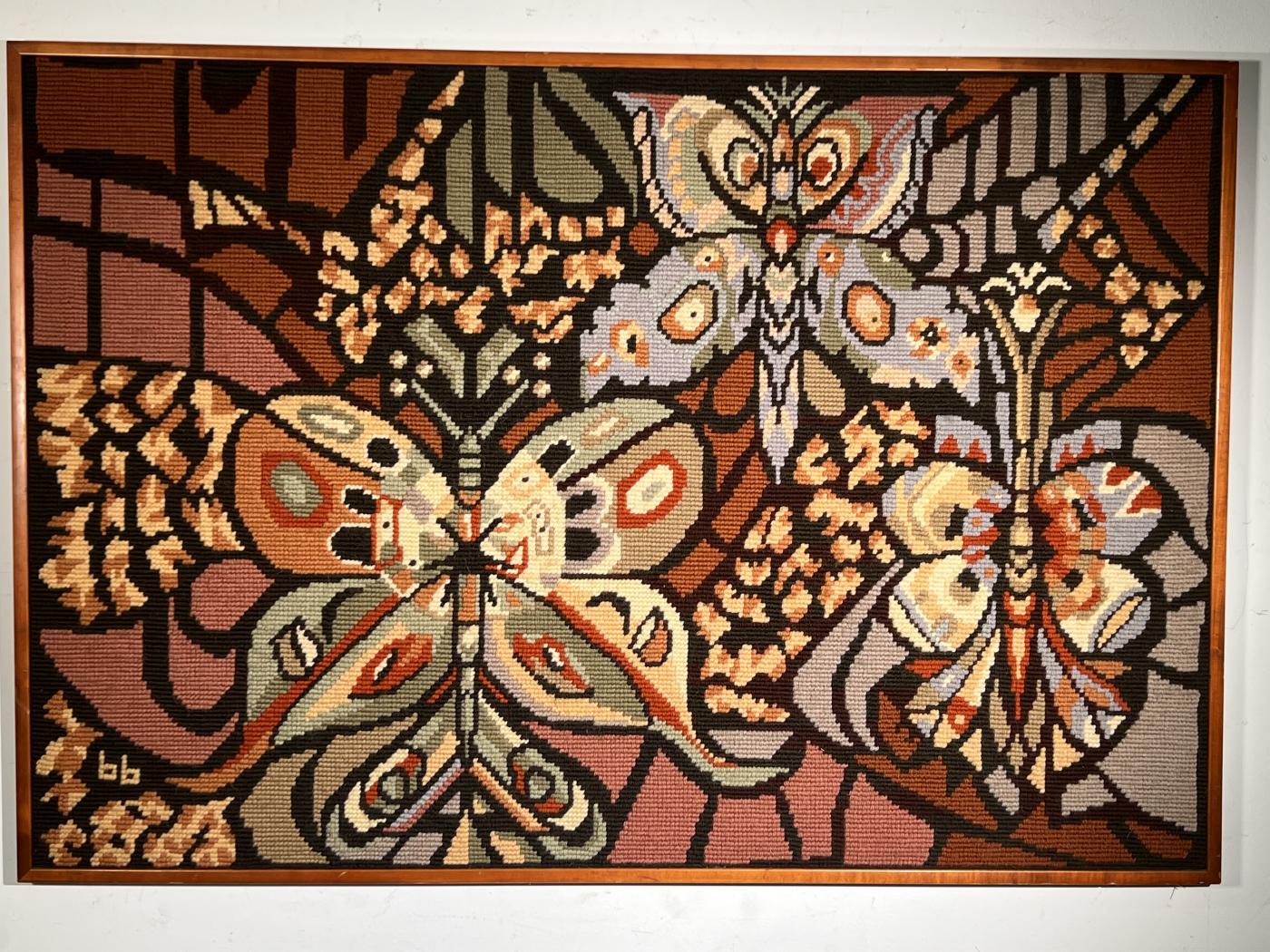 AMAZING MID CENTURY BUTTERFLY NEEDLEPOINT