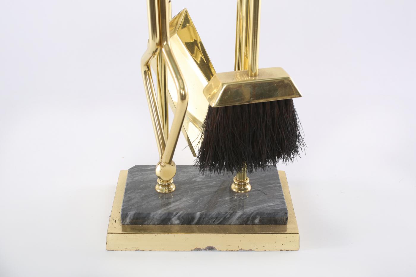 Five Piece Brass / Black Marble Fireplace Tool Set