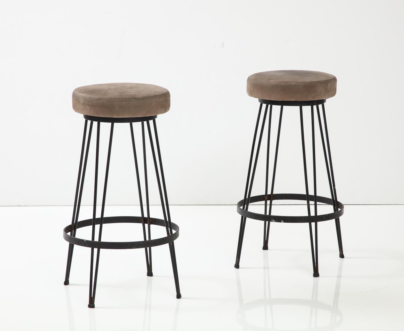 French Industrial Wrought Iron Counter Stools with Nubuck Upholstery