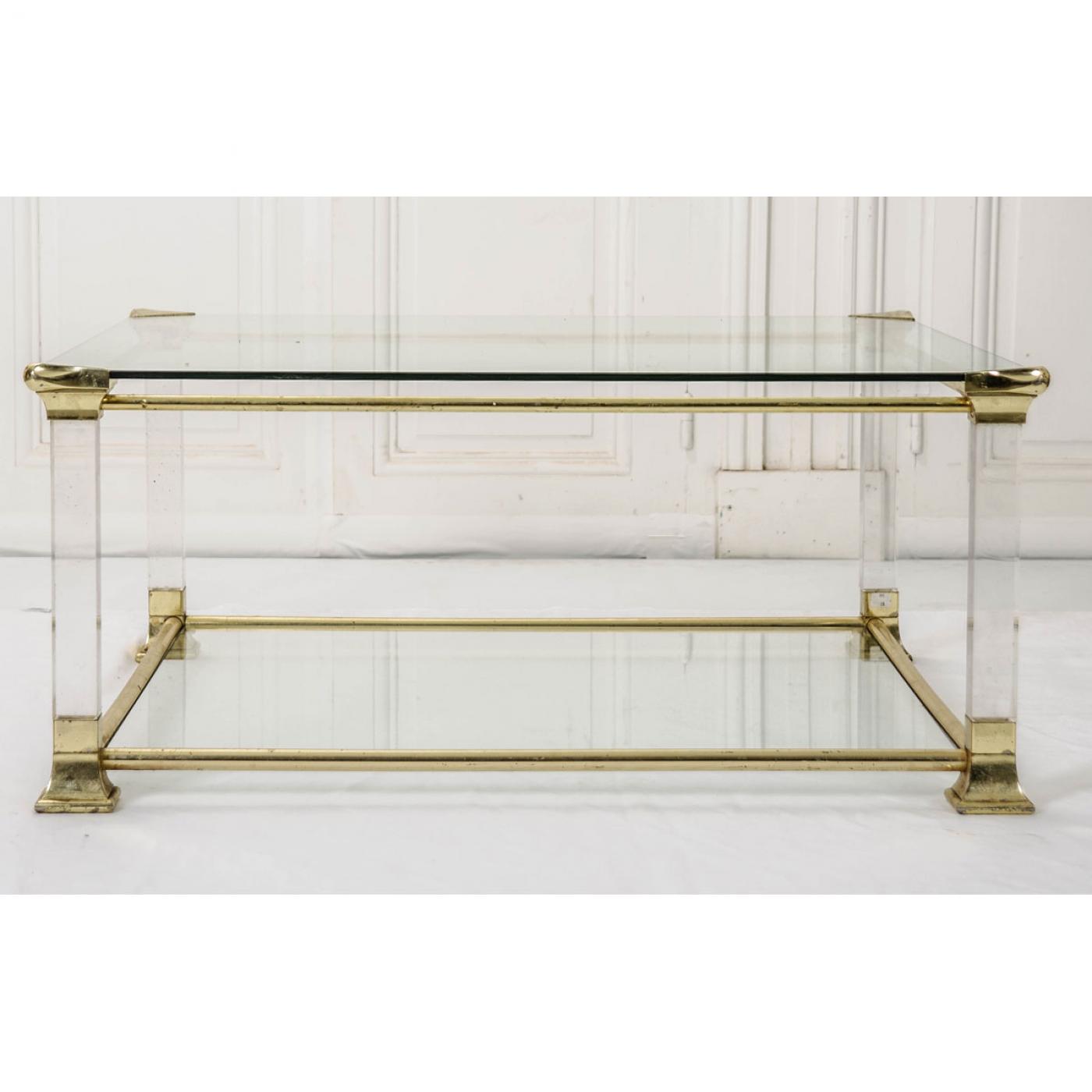French Vintage Brass and Glass Square Coffee Table