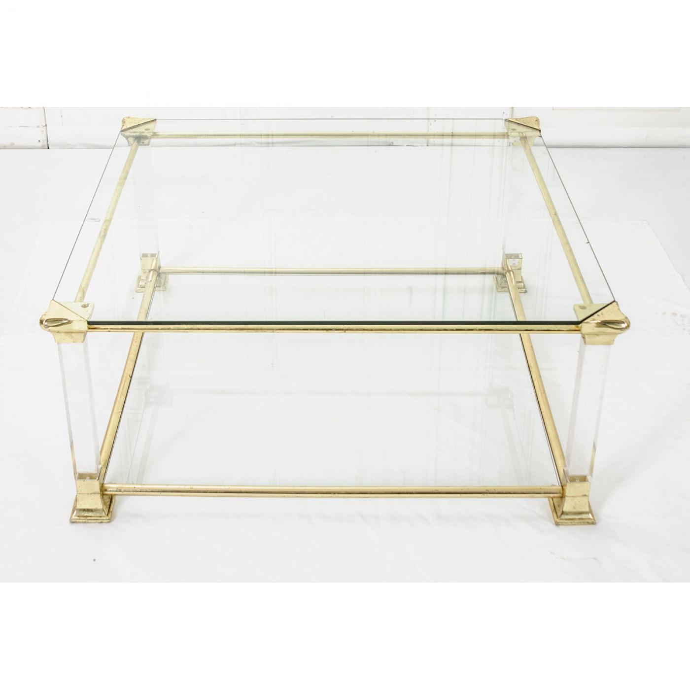 French Vintage Brass and Glass Square Coffee Table