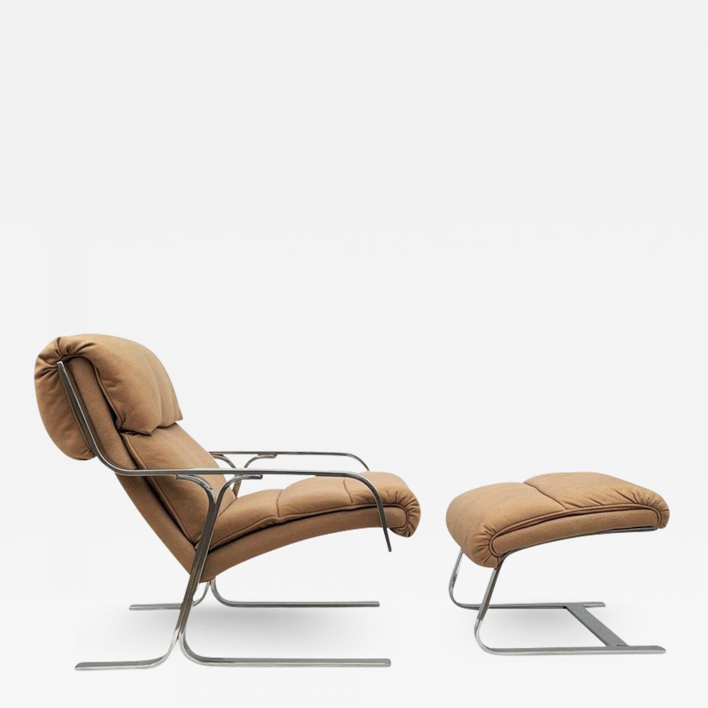 Mid Century Italian Modern Chrome Flat Bar Lounge Chair & Ottoman Set