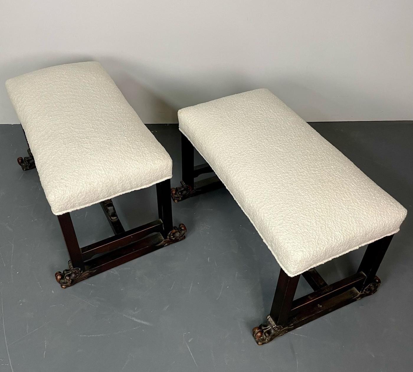 Pair of Hand Carved Style Benches / Footstools / Ottomans, Boucle