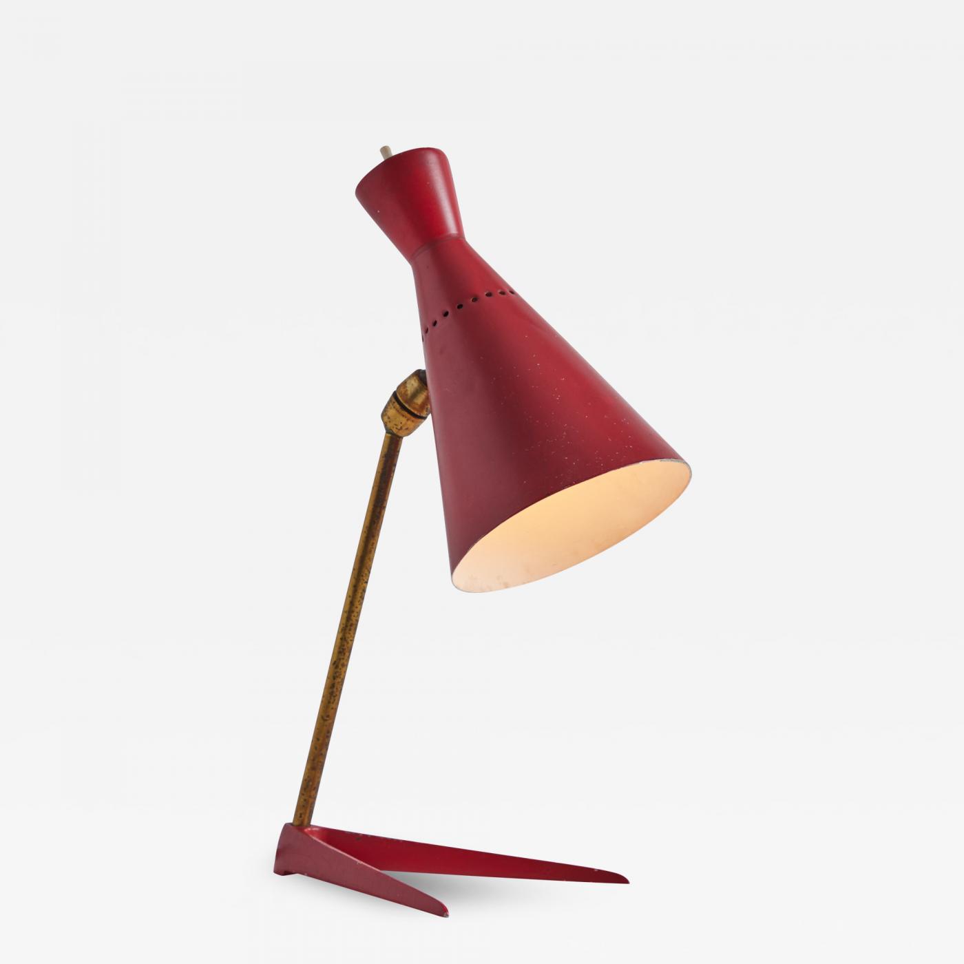 Spelen met Tulpen Alexander Graham Bell Stilux Milano - 1950s Stilux Milano Red Metal & Wood Table Lamp