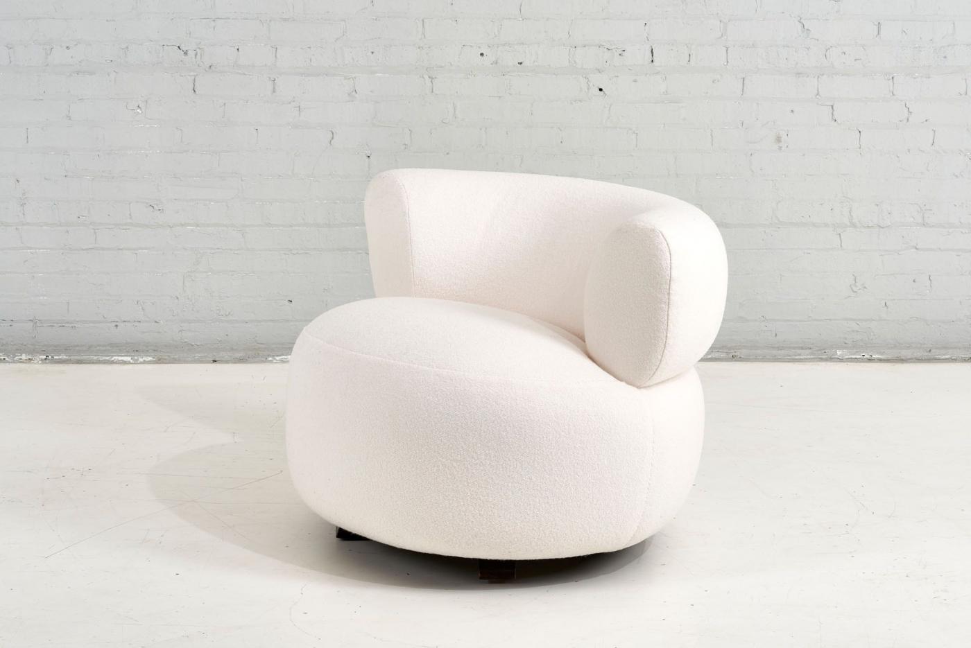 Vintage 1970's Swivel Pouf Lounge Chair in White Boucle