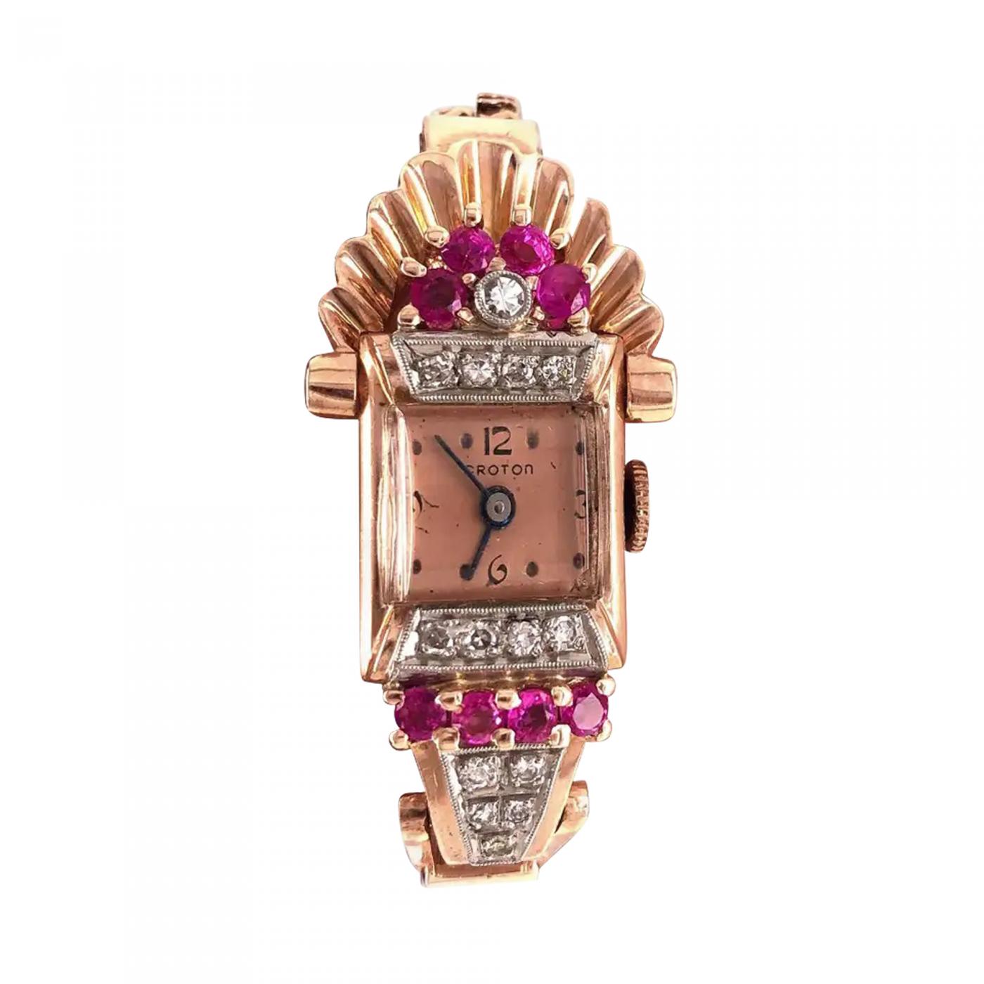 Vintage Croton Ladies 14 Karat Gold Wristwatch 9 Total Diamonds