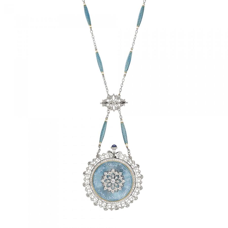 Antique pendant watch on chain, made by Patek Philippe for Tiffany & Co., powered by an 18-jewel nickel lever adjusted movement with a bimetallic balance and flat spring, the watch with an ivory-colored dial & painted black Arabic numerals, as well as an elegant guilloched light blue enamel case with rose-cut diamond-set and hand-engraved melee fringe, mounted in platinum, the case with fringe measuring approximately 35mm in diameter, the watch suspended from a matching 24