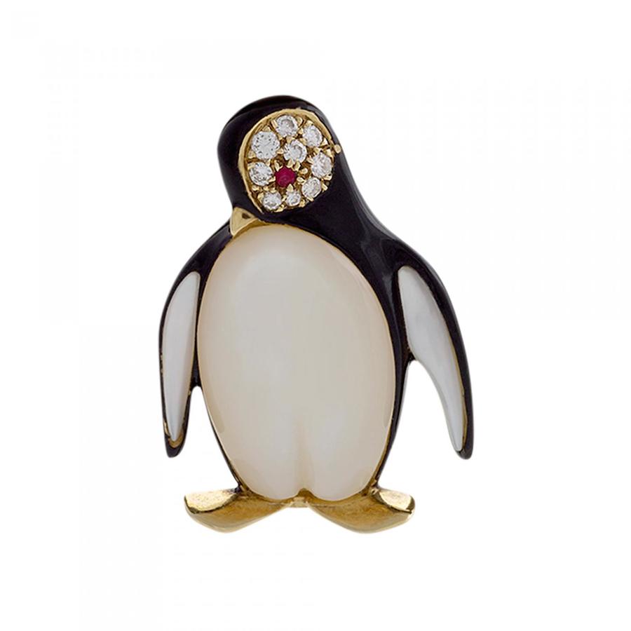 A French Mid-20th Century 18 karat gold brooch with diamonds, ruby, black enamel and mother of pearl by Van Cleef & Arpels, c. 1960. This brilliant collection of whimsically cartoonish animal clips charmed new customers with their playful expressions and quirky compositions. Still highly detailed and made of precious metal and gemstones, the animated brooches made for great gifts and, because they were a bit more affordable than the Maison's typically pricey pieces, more people could indulge in these adorable animals. Offered by Macklowe Gallery.
