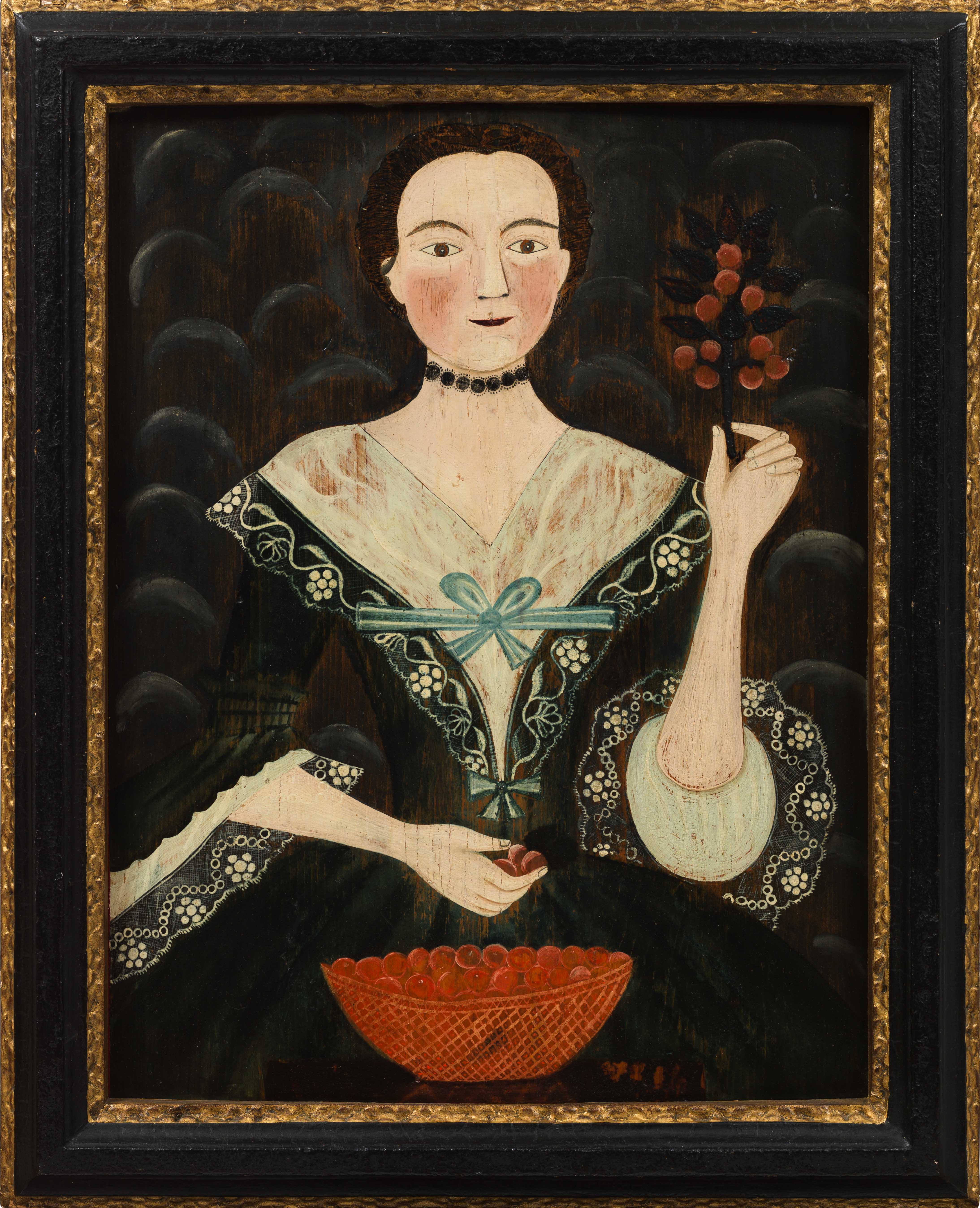 Artist Unknown, Early Portrait of a Woman with a Bowl of Cherries, ca. 1770–1780. Oil on panel, 28 × 23 × 2 1/2 in. Jonathan and Karin Fielding Collection. Photo by Fredrik Nilsen, courtesy of The Huntington Library, Art Collections, and Botanical Gardens.