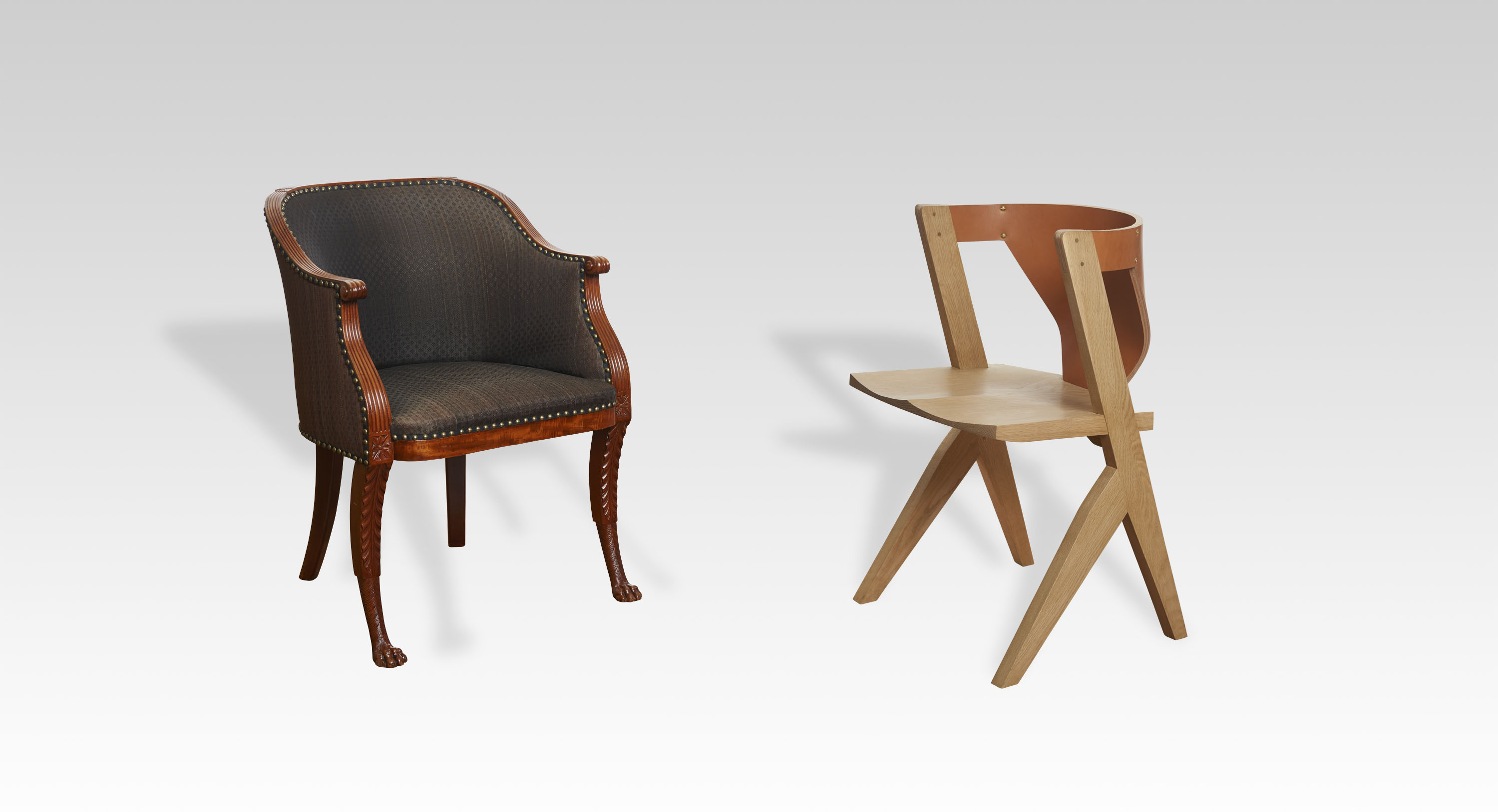 Left: Attr. To Duncan Phyfe, “Grecian” easy chair, c. 1815-20, Boscobel House and Gardens. Right: Michael Robbins, “Wickson” chair, 2015, lent by Michael Robbins Photo: Robert Penner Photography.