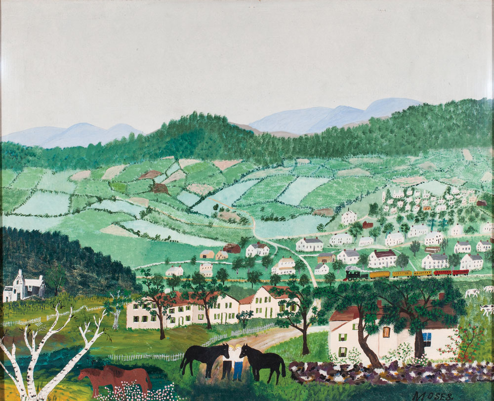 Anna Mary Robertson (“Grandma”) Moses (1860-1961), Cambridge, 1944. Oil on Masonite, 20-1/4 x 24-3/8 in. Copyright © 2016 Grandma Moses Properties Co, New York. Collection of Shelburne Museum, Museum purchase (1961-210.1). Photography by Andy Duback.