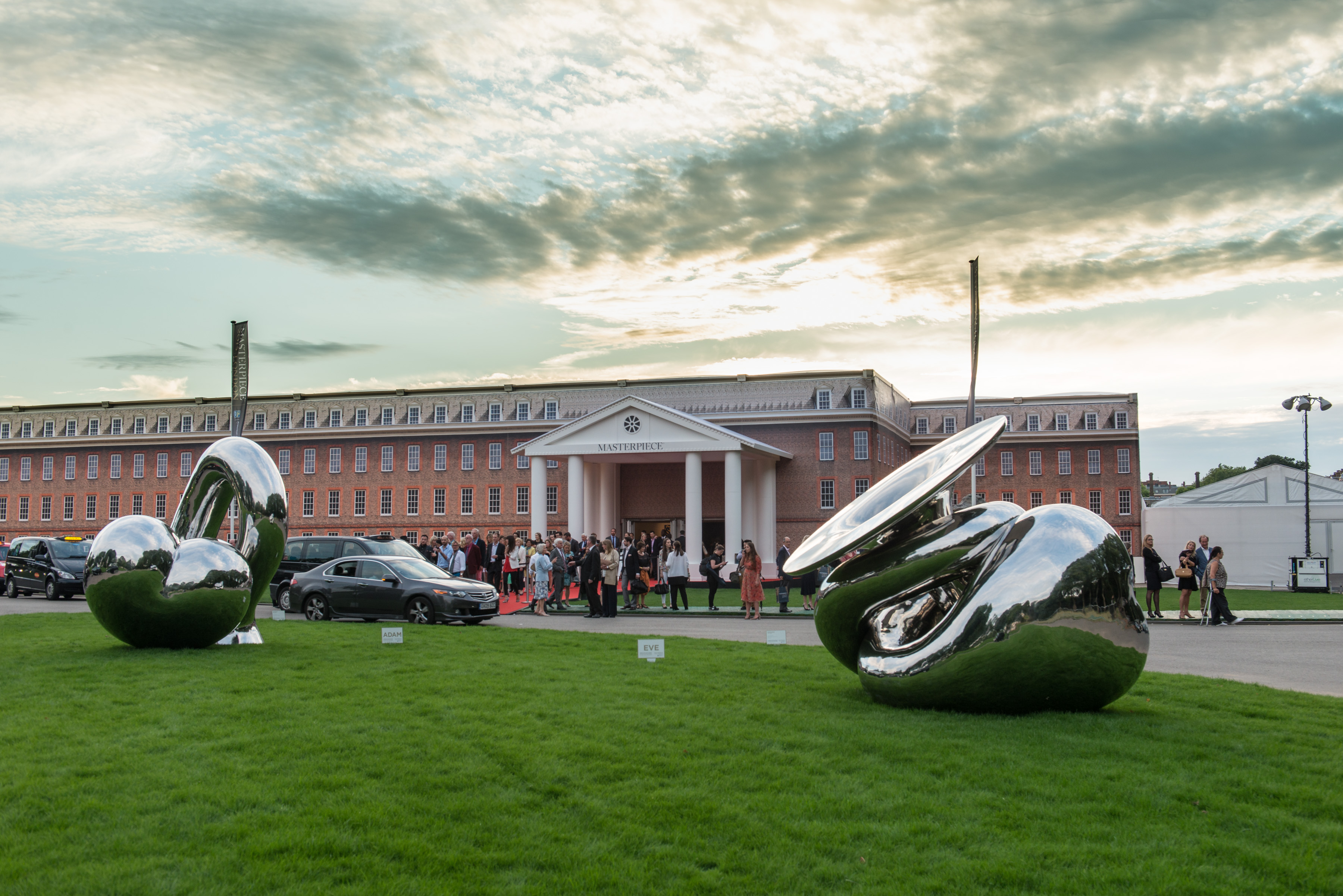 The exterior of Masterpiece London 2015, with ‘Adam and Eve’ by Richard Hudson, represented by Leila Heller Gallery. Courtesy Masterpiece London.