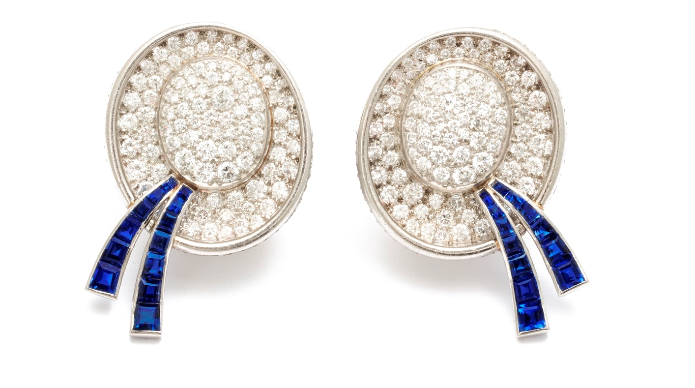 A pair of pave diamond and caliber earrings in the form of French boaters hats. Courtesy of A La Vieille Russie.