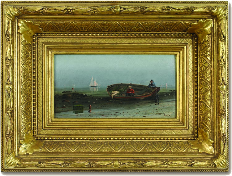 Fishermen Waiting for the Rest of the Party, Cohasset, Massachusetts, painted circa 1865 and signed Francis Augustus Silva (1835–1886), purchased from Godel & Co., New York, is “exactly what I would want in a Silva,” the wife notes. Born in New York, a member of the so-called “second generation” of the Hudson River School, Silva was one of the leading marine painters in the luminist style. Particularly valued for his vivid sunsets and representation of atmospheric effects, Silva focused much of his work on the Hudson River and the coastline from Cape Ann, Massachusetts, south to Chesapeake Bay.