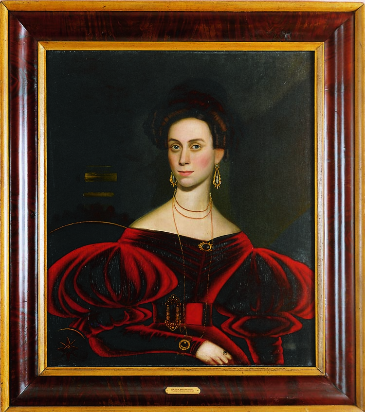 The portrait of Rebecca Delano Brownell, circa 1829, by John S. Blunt (1798– 1835) of New Hampshire, is significant in that it depicts the only known female whale boat captain. Upon the death of her husband, the widow Brownell assumed her spouses duties and became quite successful in her own right. Her proud determination is evident in her expression