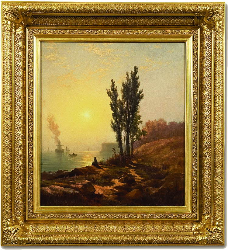 Edward Moran (1829–1901), Early Dawn New York Harbor, 1871. Oil on canvas, 18 x 16 inches. Signed & dated lower left: Ed. Moran 1871. Signed, dated & titled verso: Early Dawn New York Harbor/Ed. Moran 1871. Courtesy of MME Fine Art.