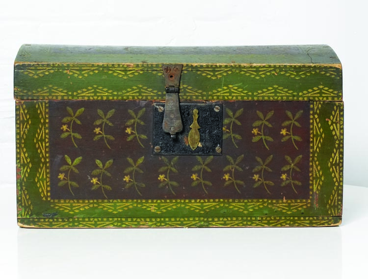 This dome-top documents box was probably made in Vermont circa 1825. Its decoration may have been inspired by a sprigged Federal-era printed textile or wallpaper.