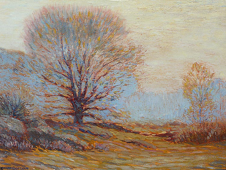 Morning in Greenwich by Cos Cob artist Leonard Ochtman (1854–1934). The impressionist landscape painting on panel is inscribed $350 on its backside, making it quite a bargain today.