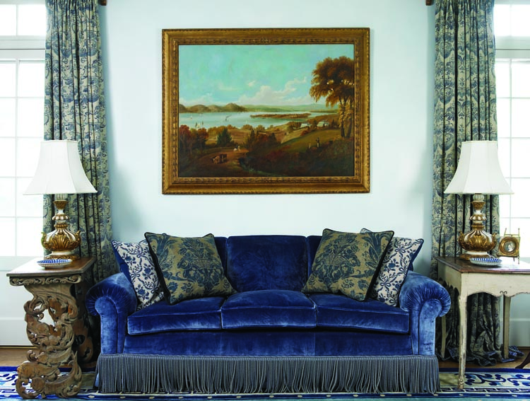 Above the living room sofa, Robert Havell Jr.’s (1793–1878) landscape purchased from New York’s Berry-Hill shows a Croton Point scene that is now the seventeenth hole of a golf course, identified by the man of the house as one of his favorite golf holes. In 1839 the English-born Havell visited New York City, traveling along the Hudson, sketching the countryside. He became a painter of Hudson River landscapes; he died at his home in Ossining, NY.