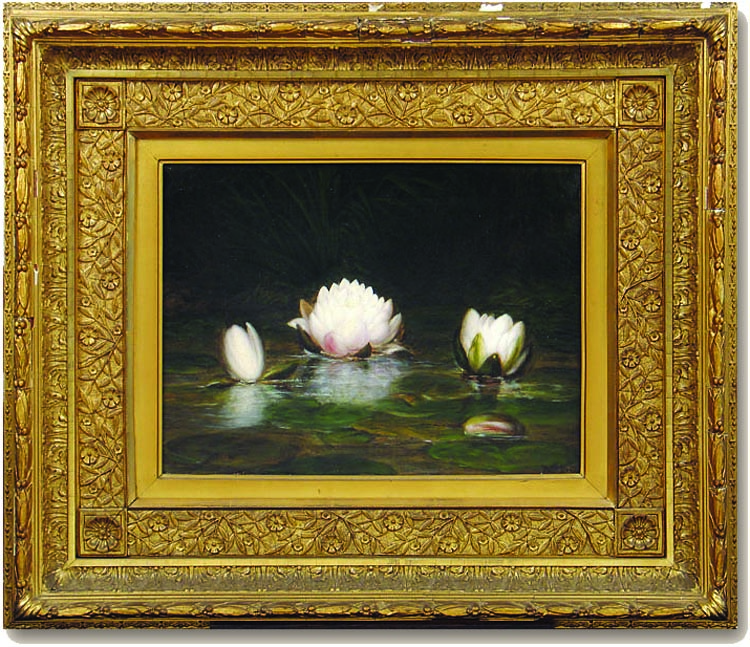 Water Lilies, an oil on canvas measuring 10 by 13 inches, completed in about 1880 and signed by Robert M. Pratt (1811–1880), was purchased from Howard Godel. “I really do daydream about that painting when I’m away from home,” the collector says. Godel explains, “As a dealer I feel my job is to help curate collections by guiding people to the right paintings. I hoped that this painting would go to the right collector, someone who would really appreciate it. And this collector has an exceptional eye.”
