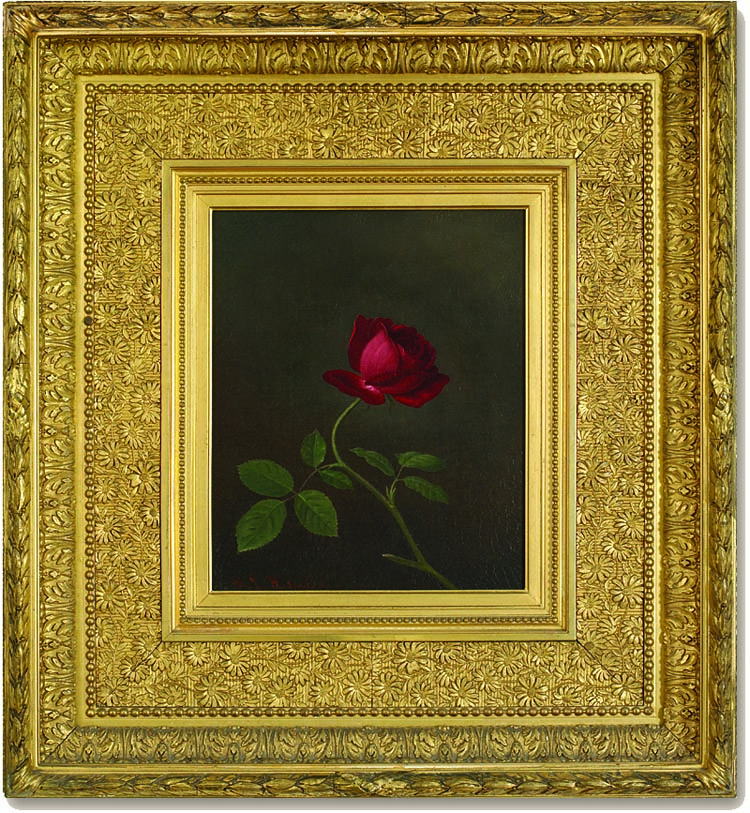 The Rose, by Martin Johnson Heade (1819–1904), in its exquisite original frame, is a small canvas by one of the most well-known painters of the nineteenth century. In 1884, the peripatetic Heade settled in St. Augustine, Florida, where he painted birds, seascapes, and still lifes, particularly magnolias and cherokee roses, of the sort depicted in this painting. Purchased from Lou Salerno at a summer sale in Saratoga, New York, it is one of the collectors’ most important early acquisitions. If his work is an indication, Heade was fascinated by all he saw—New England seascapes and salt marshes (one of his most popular subjects), tropical rain forests, botanical treasures, and portraits of hummingbirds.