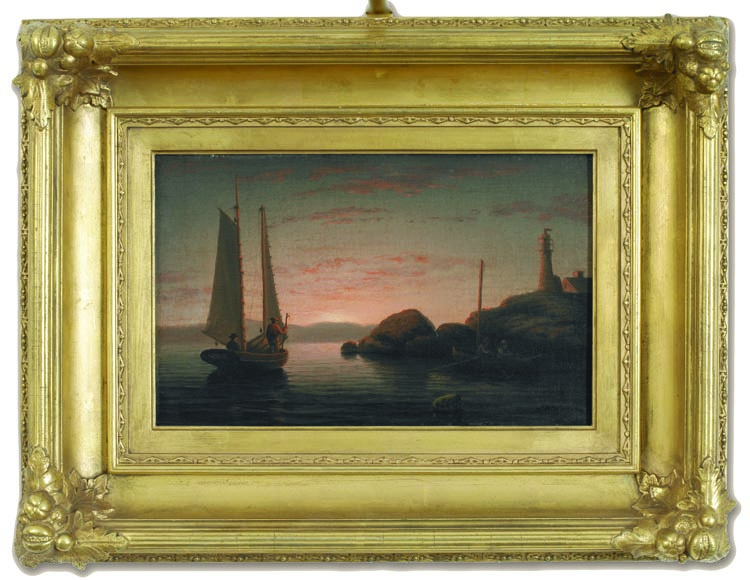In its balanced composition, a Mary Blood Mellen (1817-1872) view of Gloucester Harbor captures a sailboat in calm waters and the rocky shoreline at the last light of day. Born in Sterling, Massachusetts, Mary Blood married the Reverend Charles Mellen in 1840 and moved to Gloucester, Massachusetts, where in the 1850s she became a student of luminist painter Fitz Henry Lane. According to recent scholarship, the collaboration was a close one: Mellen completed several of Lane’s paintings. This small landscape is evidence of the level of mastery achieved by this female luminist.
