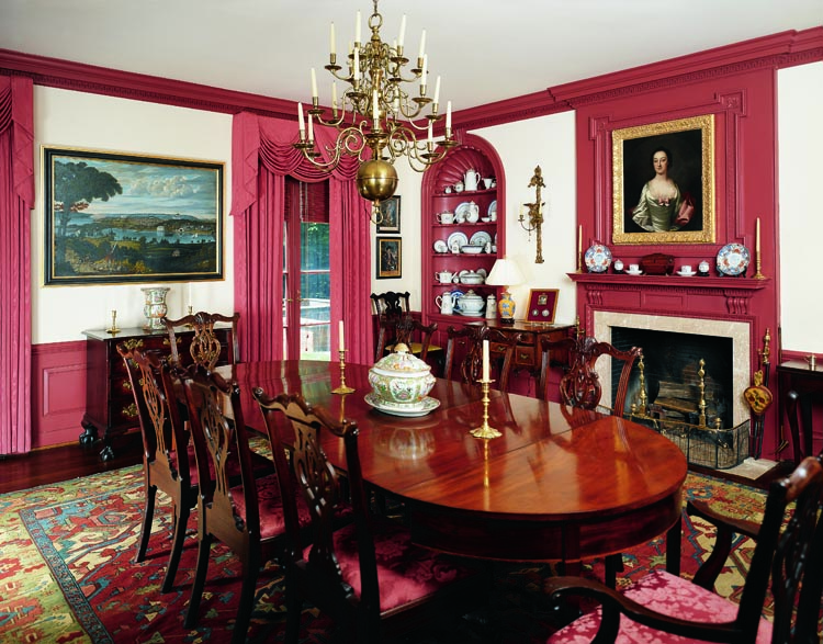 The formal dining room contains objects and paintings associated with George Washington and the Revolutionary War, most of which are discussed in the body of the text. Among the other collections are the dining table purchased from Jess Pavey and a three-hundred-piece set of Chinese export porcelain from the DeWolf family of Rhode Island. The handsome Northwest Persian Serapi carpet dates from the late nineteenth century. Washington and Jefferson miniatures can be seen on the dressing table beside the fireplace. Over the mantel is a mid-eighteenth-century portrait of Henrietta Maria Dorsey of Annapolis, Md., painted by John Wollaston (1742–1775). She and her husband, Colonel Edward Dorsey, whose portrait hangs over the living room mantel, are distant members of the wife’s family.